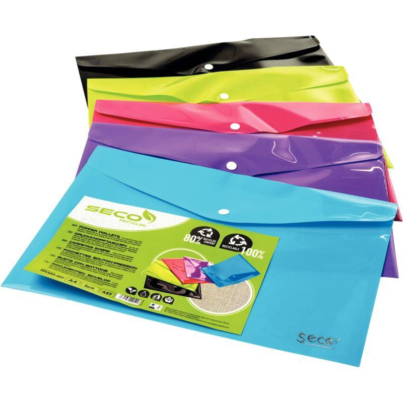 PAQUET DE 5 ENVELOPPES AVEC BOUTON PRESSION EN POLYPROPYLÈNE 80% RECYCLÉ POUR FORMAT A4 PAQUET DE 5 ENVELOPPES AVEC BOUTON PRESSION EN POLYPROPYLÈNE 80% RECYCLÉ POUR FORMAT A4